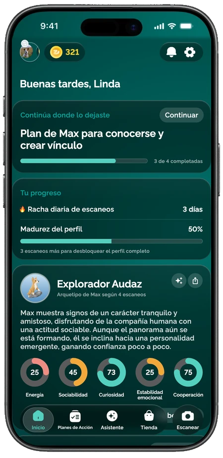 La app de Zoomies mostrando el perfil de personalidad de un perro con las puntuaciones de sus rasgos