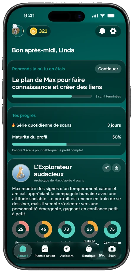 L'app Zoomies affichant le profil de personnalité d'un chien avec ses scores de traits