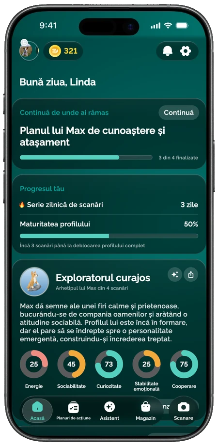 Aplicația Zoomies care afișează profilul de personalitate al unui câine cu scoruri pe trăsături