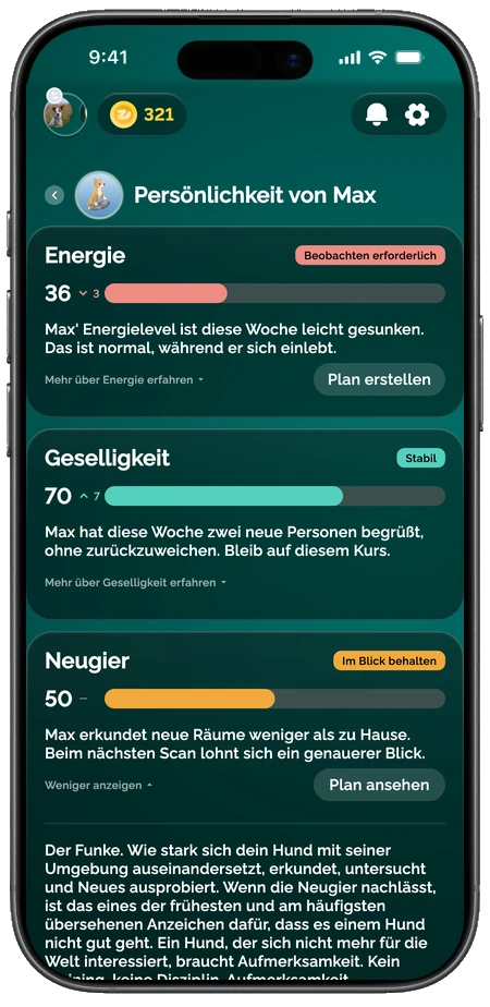 Die Zoomies-AI-App zeigt das Persönlichkeitsprofil eines Hundes mit Merkmalswerten