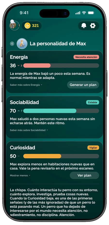 La app de Zoomies AI mostrando el perfil de personalidad de un perro con las puntuaciones de sus rasgos