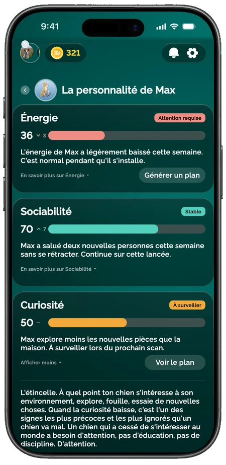 L'app Zoomies AI affichant le profil de personnalité d'un chien avec ses scores de traits