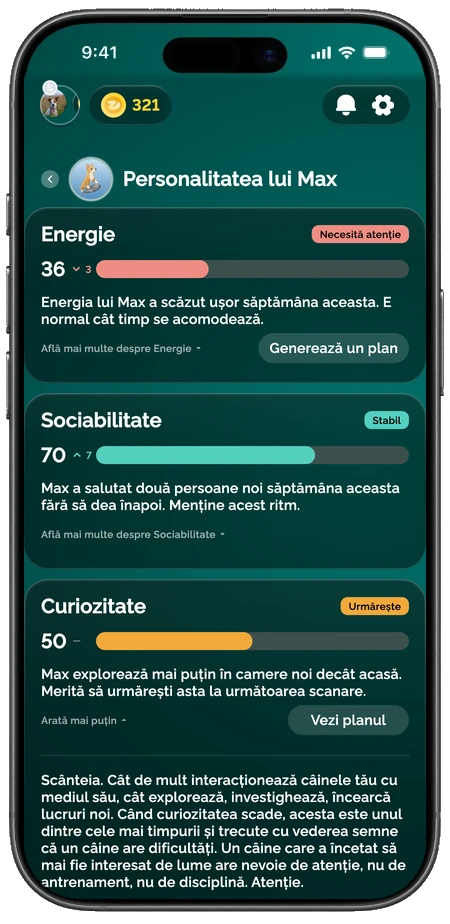 Aplicația Zoomies AI care afișează profilul de personalitate al unui câine cu scoruri pe trăsături