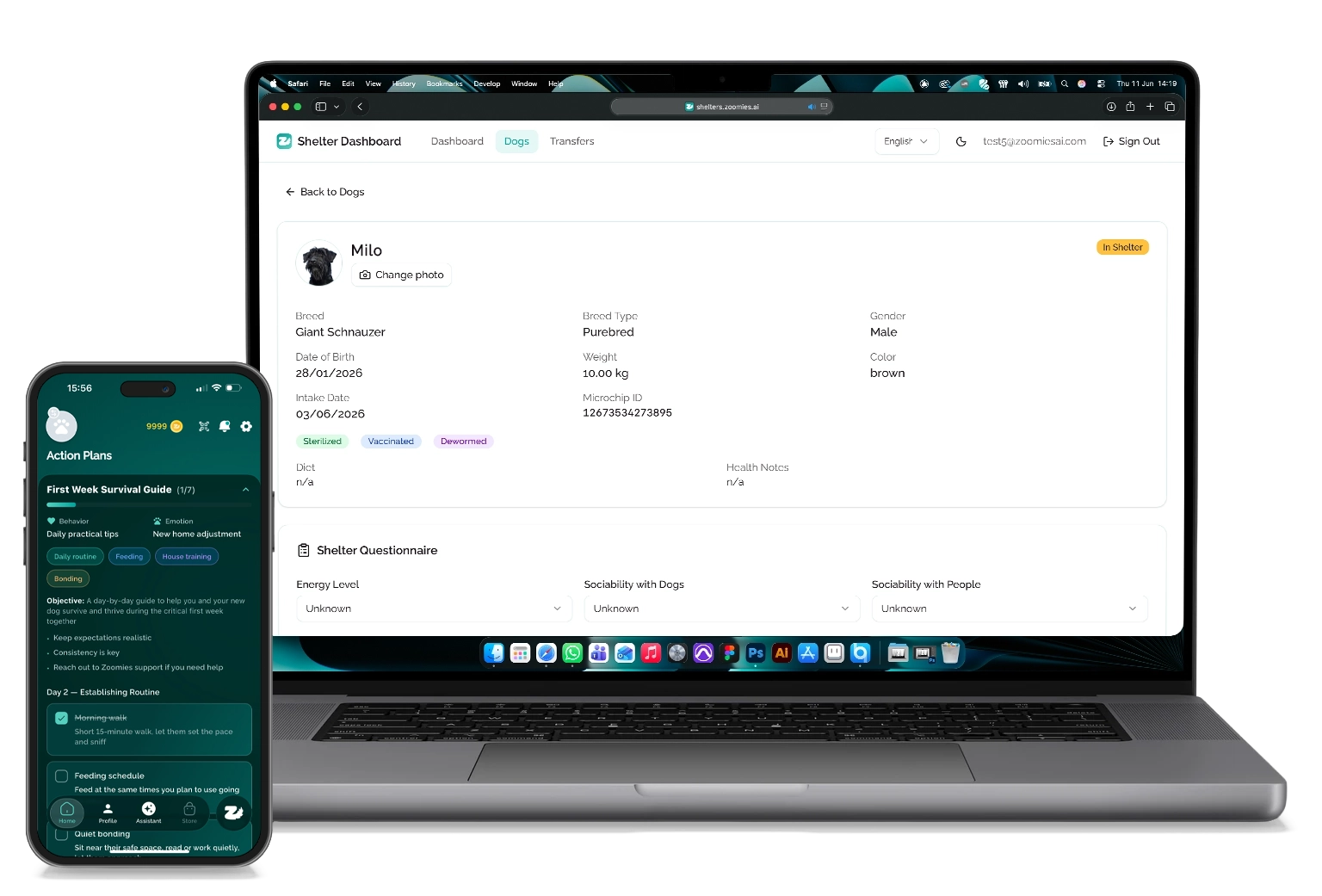 Zoomies AI shelter dashboard on a laptop